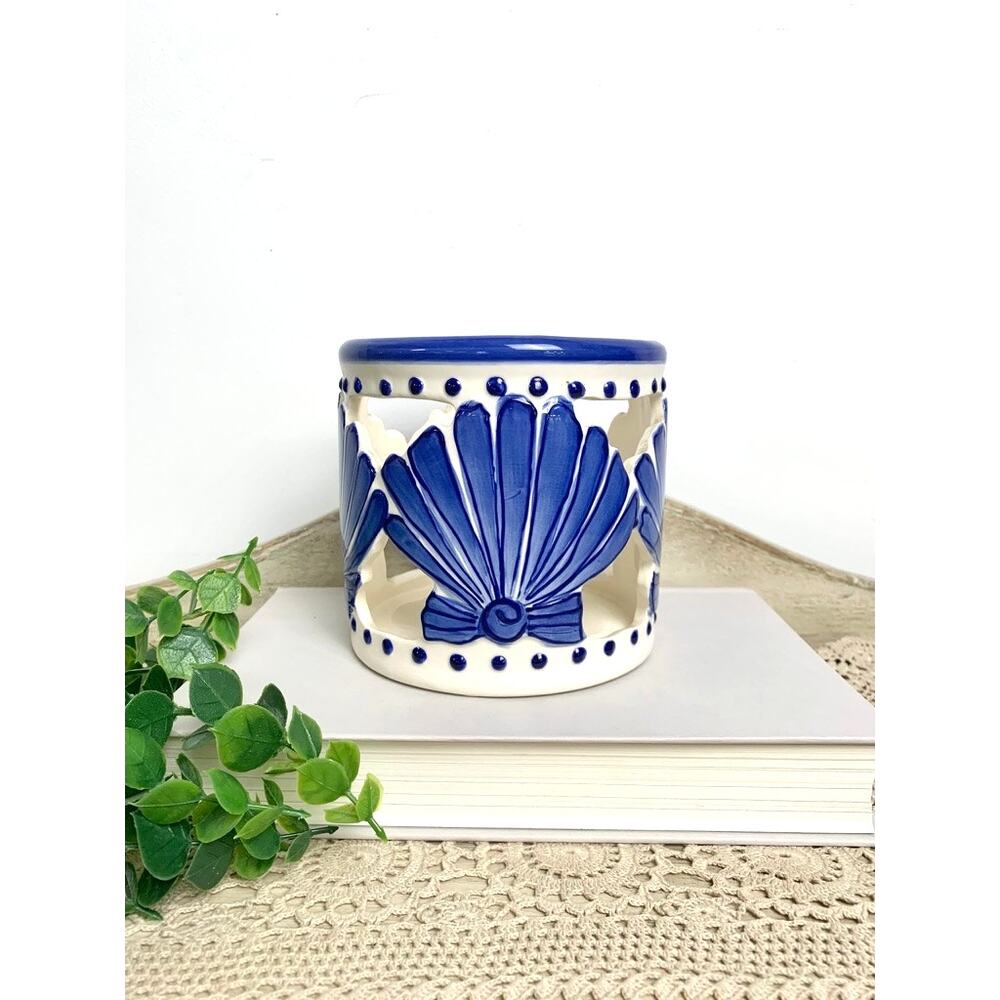 Vintage Blue and White Coastal Shell Candle Holder Ceramic Cutout Beach Votive